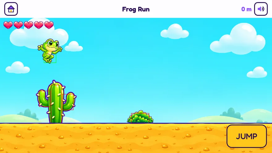 A little frog jumps over a cactus in a sunny desert