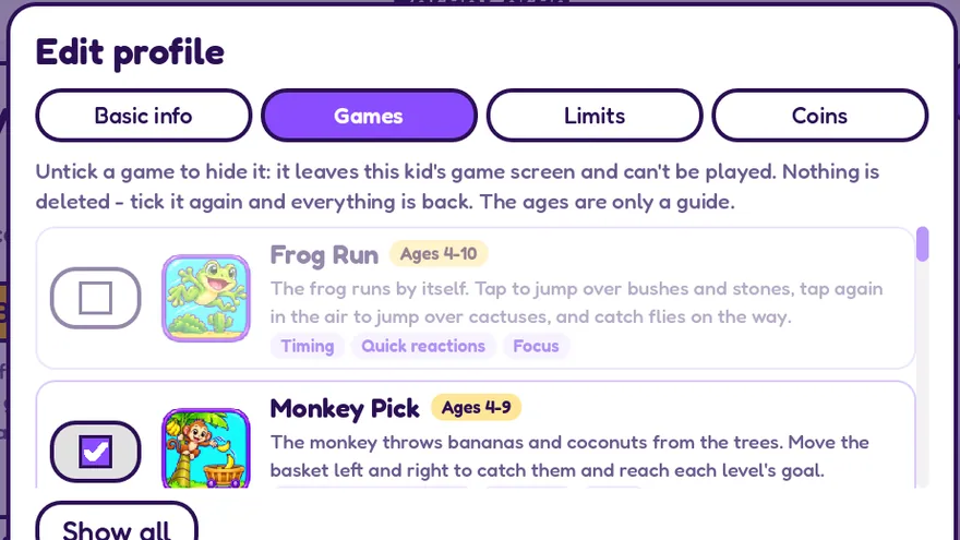 The list of games of a kid profile, with a tick box per game
