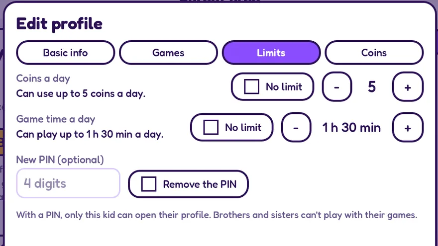 The limits of a kid profile: coins a day, game time a day and a PIN
