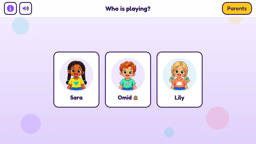 The Who is playing? screen with three kid profiles