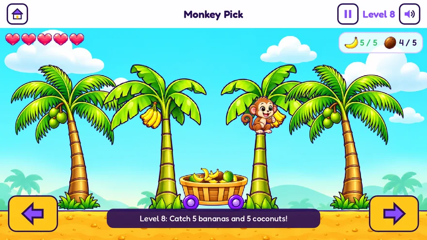 A monkey in a palm tree throws bananas into a basket on wheels