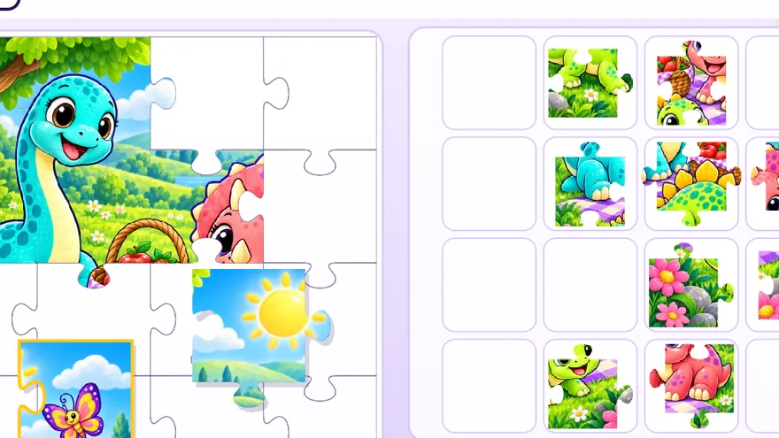A jigsaw puzzle of a friendly dinosaur, half finished